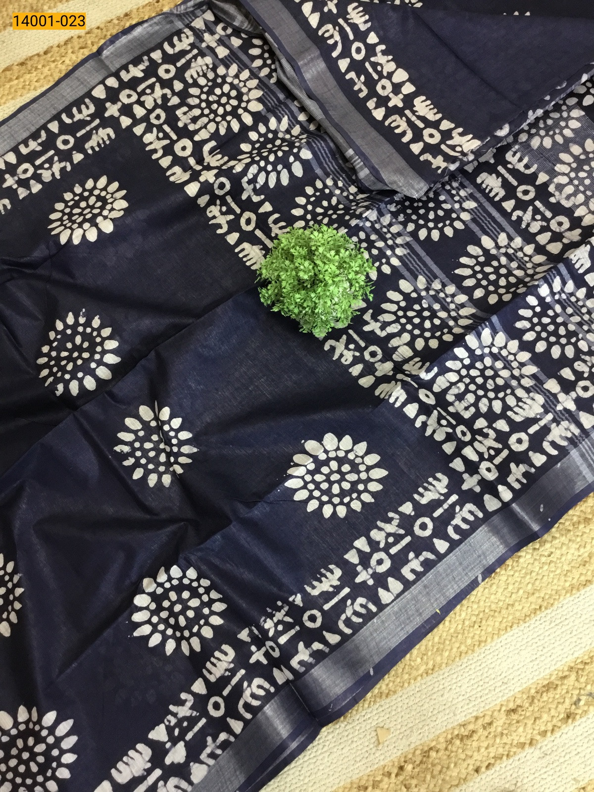 Navy blue Linen Cotton Batik Printed Sarees