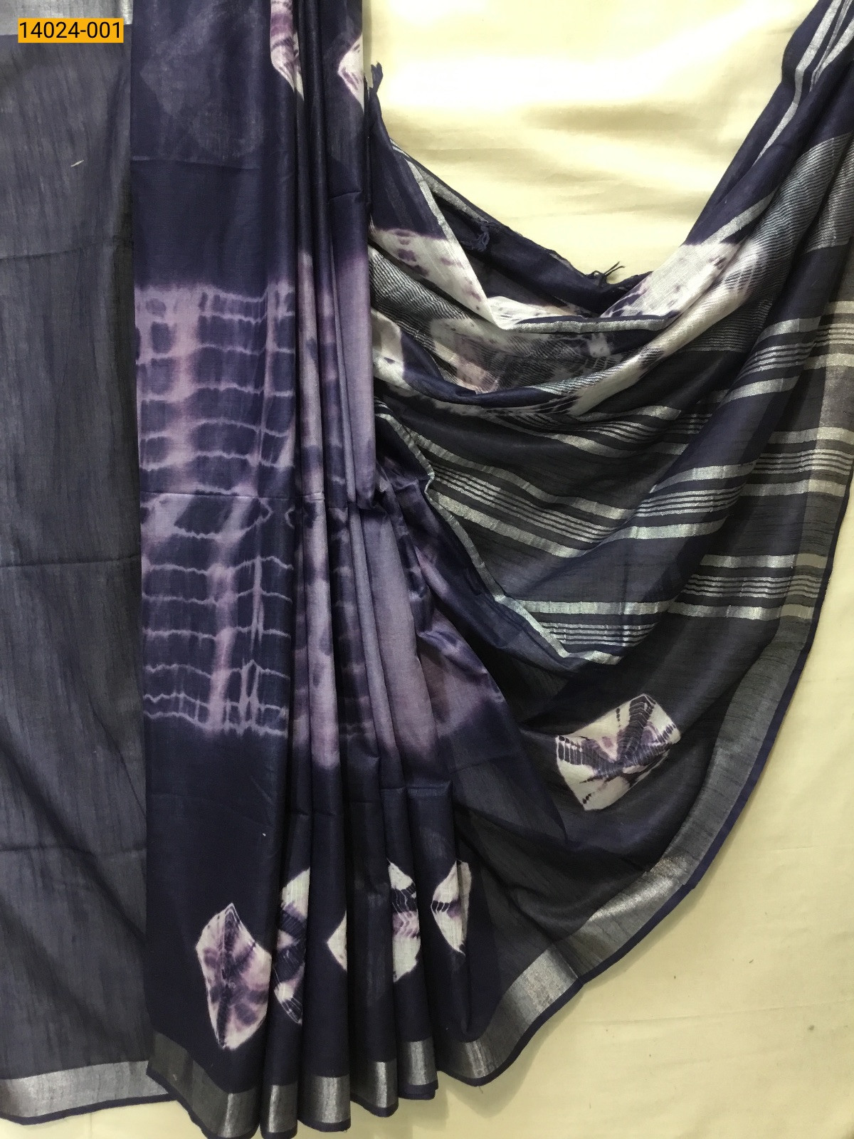 Navy blue Linen Cotton Batik Printed Sarees