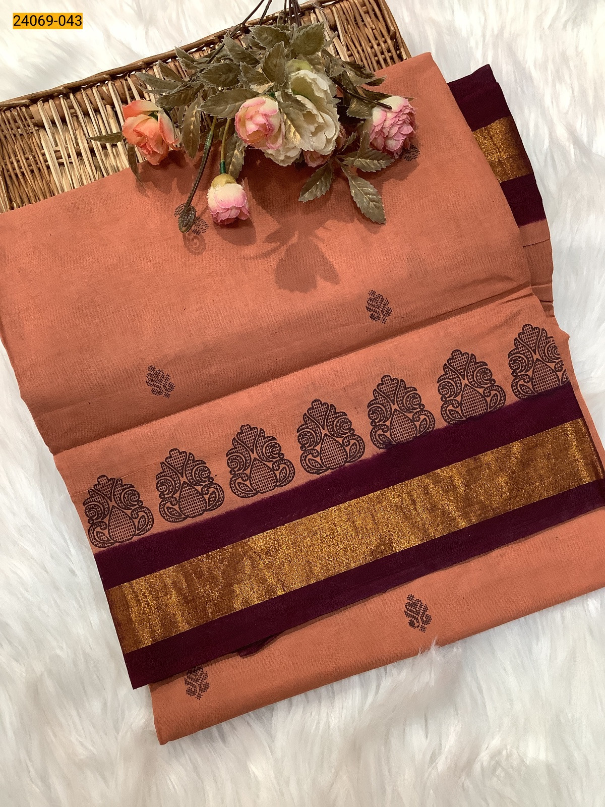 Peach Tirupur Dyed Printed Cotton Saree