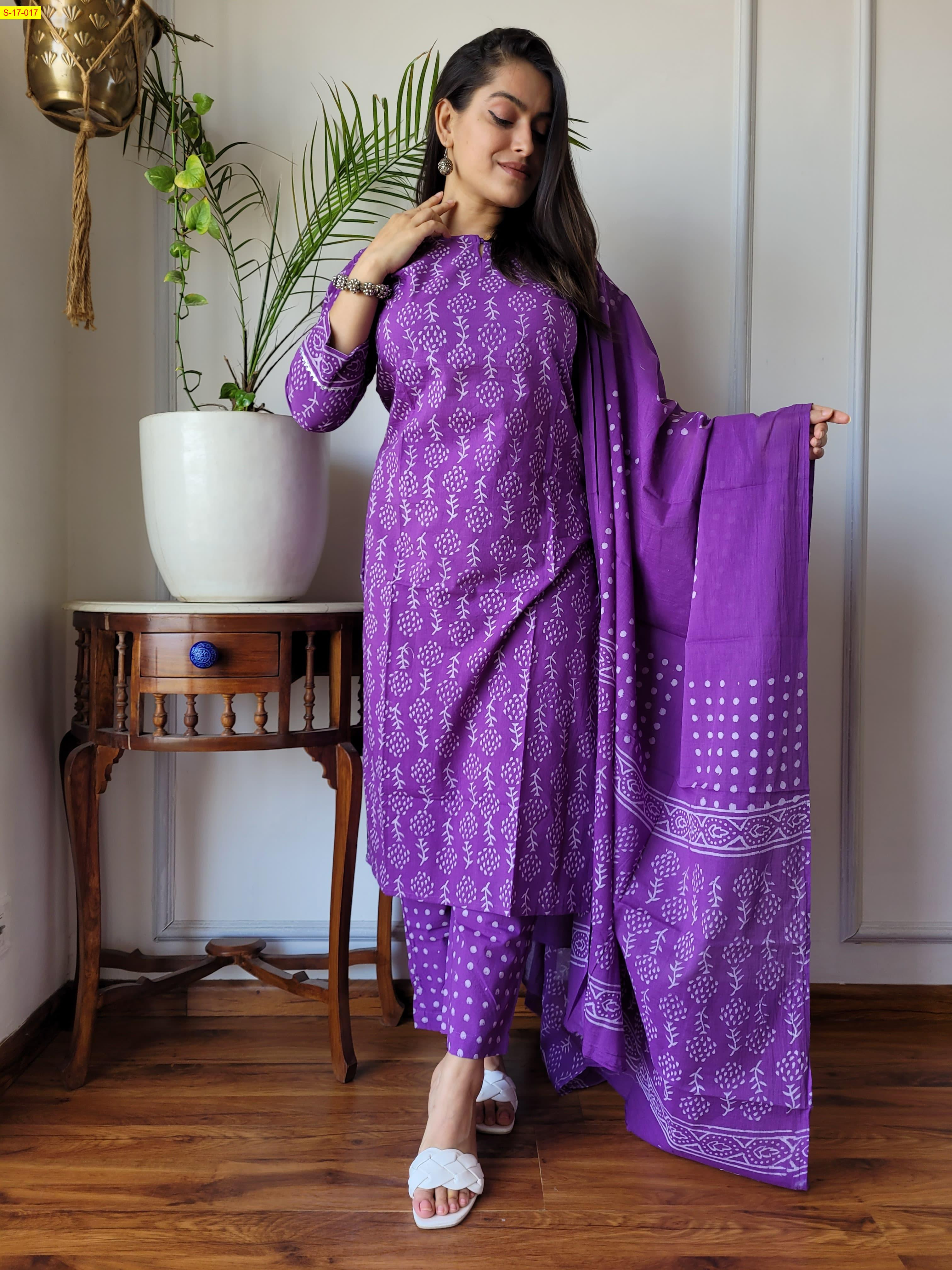 Violet Hand block printed designer Cotton Stitched Suit 