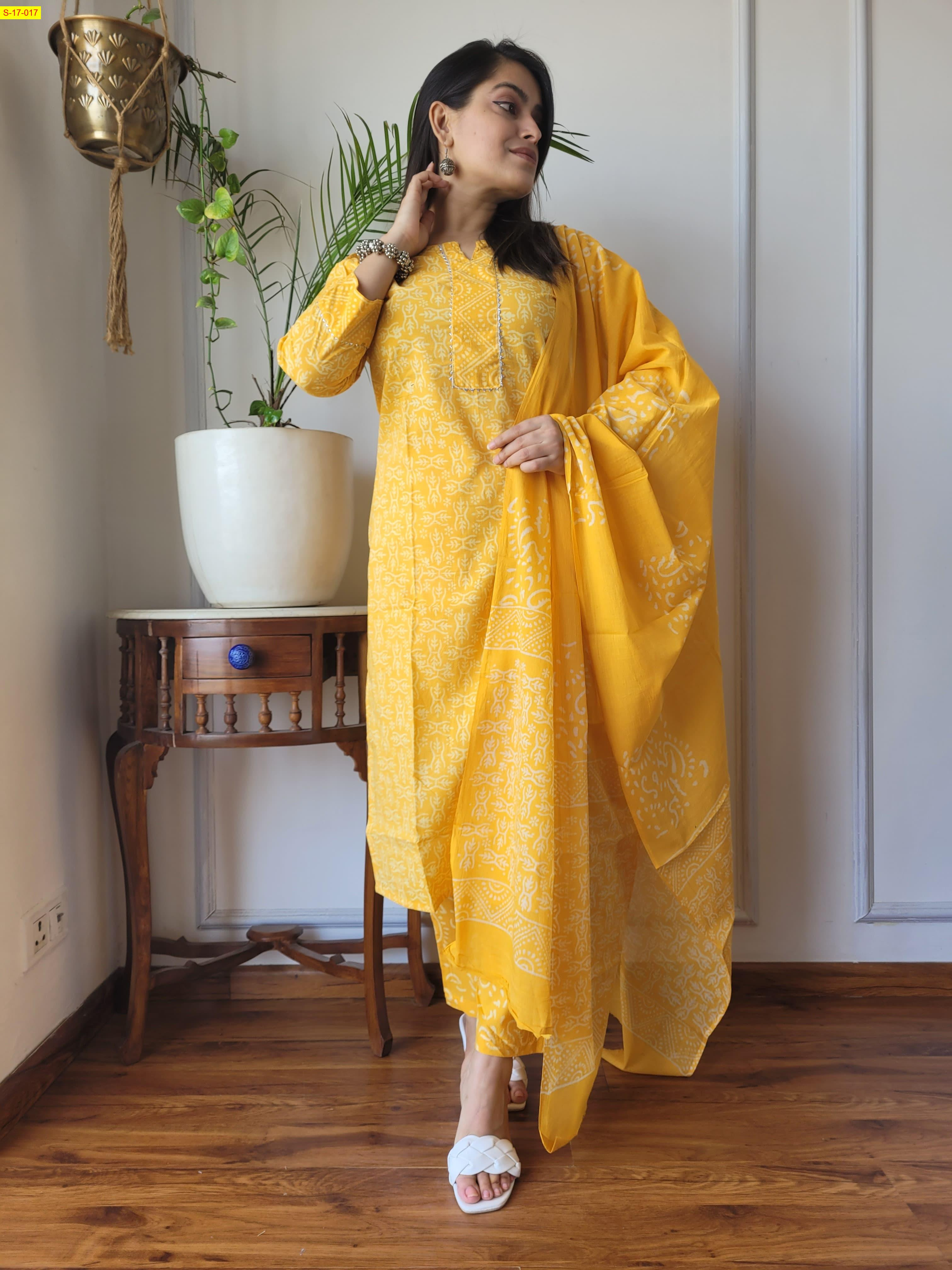 Yellow Hand block printed designer Cotton Stitched Suit 