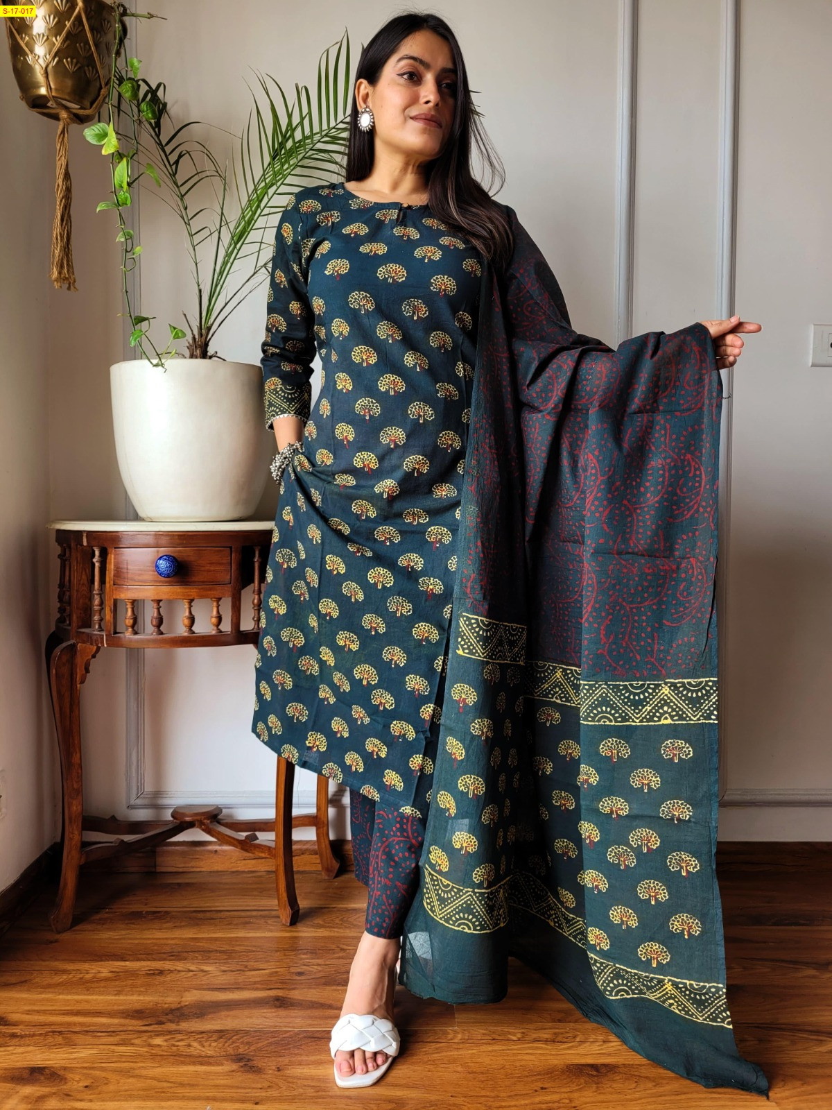 Green Hand block printed designer Cotton Stitched Suit